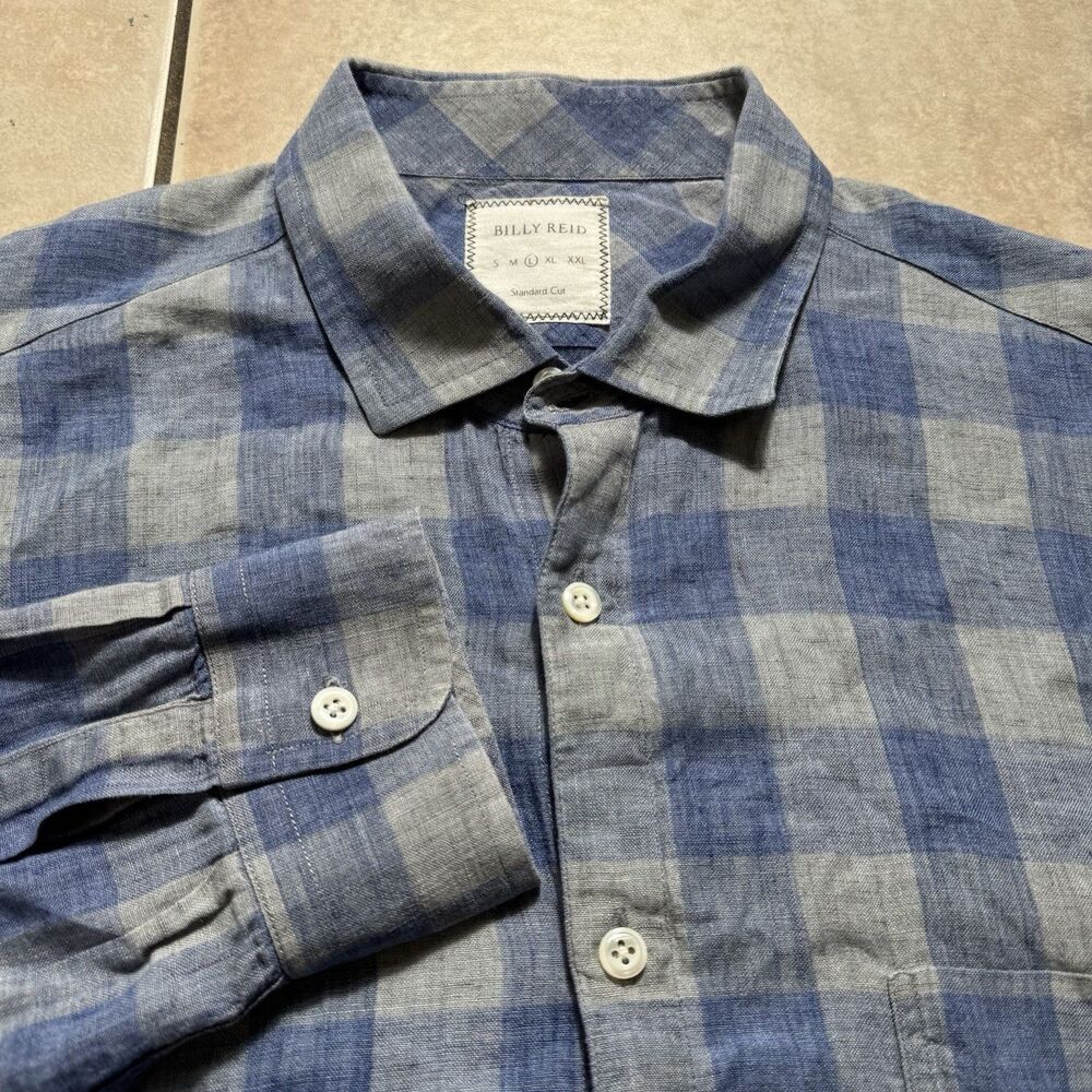 Billy Reid Shirt Men’s Size Large Blue Gray Check Linen Button Up Made in Italy
